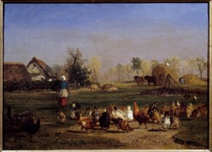 La provende des hens La basse cour (Basse-cour).コンスタン・トロヨン（1810-1865）の絵画 19世紀 日0,51x0,7 m - 雌鶏の挑発。農場の様子。コンスタン・トロイヨン（1810-1865）作画