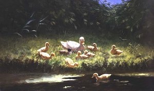 川辺のアヒルの子 (キャンバスに油彩) 作： Constant Artz