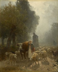 霧の深い朝、1851年に市場に行く 作： Constant Emile Troyon