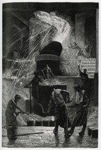 セーランのコケリ工場での鉄の鋳造。作家で美術評論家のカミーユ・ルモニエ（1844-1913）の小説「ベルギー」の挿絵としてC.ムニエが描いたもの。 作： Constantin Emile Meunier