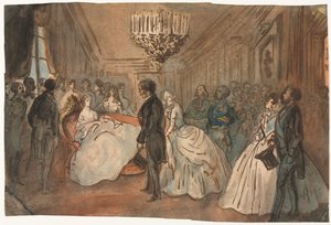 1800年代の皇太子の誕生後に外交団を受け入れる皇后ユージニー。 作： Constantin Guys