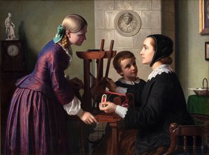 リボン織機で 2 人の子供と話す主婦 作： Constantin Hansen