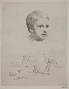子供の頃の T. N. Thiele の上部のポートレート、下はボールで遊んでいる 4 人の少年 作： Constantin Hansen