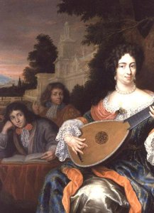リュートを演奏し、2人の息子を後ろにした女性（51651とは異なります） 作： Constantin Netscher