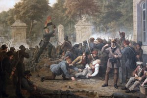 1830 年のベルギーの反乱軍とオランダ軍の間の戦闘中にブリュッセル公園に面した革命的なバリケード 作： Constantinus Fidelio Coene