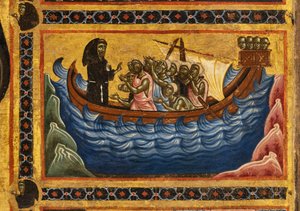 バルディ聖フランシスの祭壇画と彼の人生の 20 の物語、バルディ礼拝堂、アンコーナを去ったボートを救った聖人の詳細