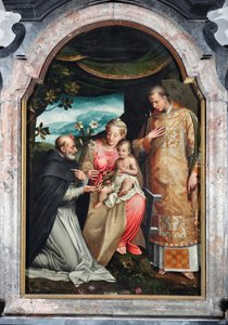 Saint Vincent Ferrier (1350-1419) と Saint Vincent of Zaragoza (4 世紀) の間の聖母子 (Vincent of Zaragoza と Vincent Ferrer と一緒にいる聖母) 作： Coriolano Malagavazzo