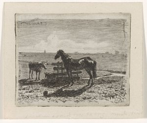 馬と 2 頭の牛の牧草地 作： Cornelis Albertus Johannes Schermer