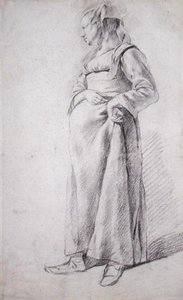 立っている農民の女性」（紙に黒チョーク 作： Cornelis Pietersz Bega
