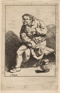 右手に帽子をかぶって座っている男性 作： Cornelis Pietersz Bega
