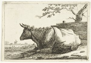 背中に毛布を掛けた横たわる牛のいる風景 作： Cornelis  Bisschop