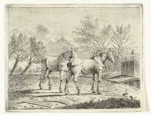 橋と農場の近くに 2 頭の馬がいる牧草地の風景 作： Cornelis  Bisschop