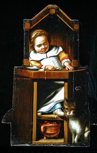 ハイチェアで眠っている男の子を描いたダミーボード
