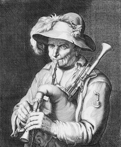 バグパイプを演奏する男、17 世紀。 作： Cornelis Bloemaert