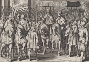プレート 3: シャルル 5 世の戴冠式皇帝が教皇と共にローマに入る、『シャルルの勝利』より、1614 年。 作： Cornelis Boel