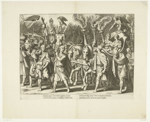 Triomfwagen van Karel V en Ferdinand, na de bevrijding van Wenen van de Turken, ca. 1532年、いいえ。 7 シーン uit het leven van Karel V (シリーズ タイトル) 皇帝カール 5 世の生涯が、有名な A. テンペストのデザインに刻まれた非常に美しいインタリオで描かれています。 作： Cornelis Boel