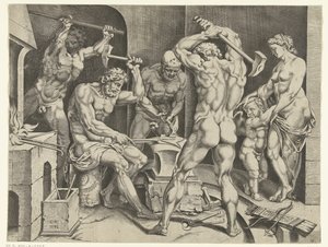 バルカンのワークショップでのヴィーナスとアモール 作： Cornelis Bos