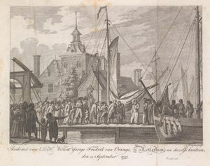 1793年、ロッテルダムに負傷したウィレム・ジョージ・フレデリック王子が到着 H.D.H.の到着 1793 年 9 月 15 日に負傷した後、ロッテルダムでのウィレム ジョージ フレドリック ヴァン オラニエ 作： Cornelis Brouwer