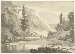 川岸に羊飼いがいる山の風景 作： Cornelis Brouwer