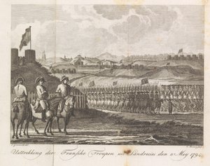 1794年、ランドレシーを去るフランス軍 1794 年 5 月 11 日の Landrecies からのフランスの劇団の撤退 (オブジェクトのタイトル) 作： Cornelis Brouwer