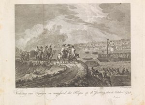 1794年、Gierbrugで逃げる軍隊をフランス人が撃つ 1794 年 10 月 16 日、Gierbrug での Nymegen の放棄と劇団の惨事 (オブジェクトのタイトル) 作： Cornelis Brouwer