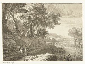 3 人の歩行者がいるイタリア風の風景 作： Cornelis Brouwer