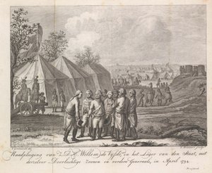 ヴィレム 5 世と息子たち、陸軍収容所で、1794 年 H.D.H.の相談 1794 年 4 月、国軍に所属するウィリアム 5 世、その穏やかな息子たちや他の将軍たち (対象の称号) 作： Cornelis Brouwer