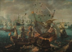 1607年のジブラルタルの戦い 1607 年 4 月 25 日のジブラルタル海戦中のスペイン旗艦の爆発