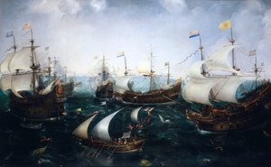 1607年4月25日、ジブラルタルにおけるヘームスケルクのスペイン人撃退（油彩・カンヴァス、1619年頃） 作： Cornelis Claesz  van Wieringen