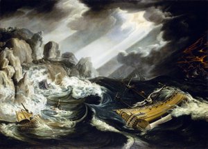 難破船「アムステルダム」、嵐の中、公海上で岩に激突する2隻の船 作： Cornelis Claesz  van Wieringen