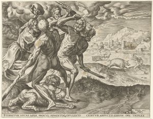 ヘラクレスはゲリオンと彼の犬を殺します ヘラクレスの労働 (シリーズ タイトル) 作： Cornelis Cort