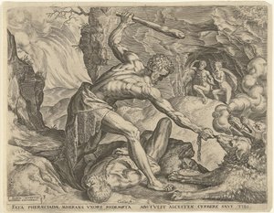 ヘラクレスはケルベロスを地獄から引きずり出す ヘラクレスの労働 (シリーズ タイトル) 作： Cornelis Cort