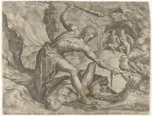 ケルベロスを地獄から引きずり出すヘラクレス ヘラクレスの労働 (シリーズ タイトル) 作： Cornelis Cort