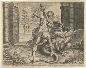ヘスペリデスの金のリンゴを盗むヘラクレス ヘラクレスの労働 (シリーズ タイトル) 作： Cornelis Cort