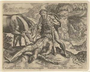 ヘラクレスはディオメーデースを馬に食べさせます ヘラクレスの労働 (シリーズ タイトル) 作： Cornelis Cort