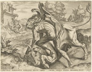 ヘラクレスはアケロウズと格闘する ヘラクレスの労働 (シリーズ タイトル) 作： Cornelis Cort