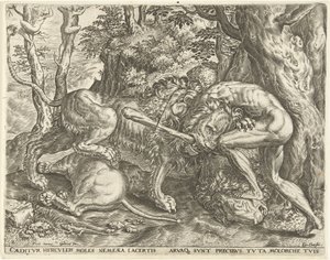 ネメアの獅子を絞め殺すヘラクレス ヘラクレスの労働 (シリーズ タイトル) 作： Cornelis Cort