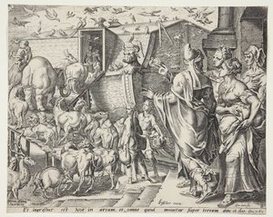 箱舟に乗り込むノアとその家族、動物たち 作： Cornelis Cort