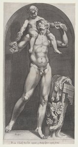ローマの壮大さの鏡: サテュロスの肩に乗ったバッカス、16 世紀., 16 世紀. 作： Cornelis Cort