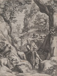 荒野の聖ジェロームの悔い改め、1573年。 作： Cornelis Cort