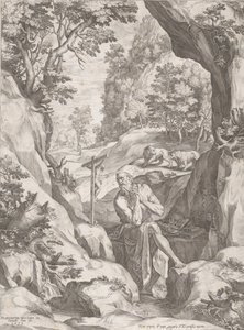 荒野の聖ジェロームの悔い改め、1573年。 作： Cornelis Cort