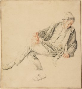 右を見下ろし、ピッチャーを持つ農民。 作： Cornelis Dusart