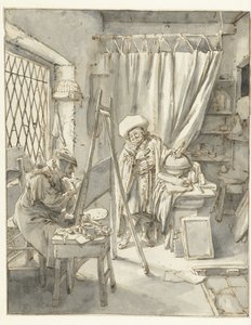 スタジオでモデルを持つアーティスト 彼のスタジオでモデルを持つ画家 作： Cornelis Dusart