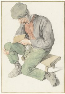 座って読書をしている男性、左向き 左を向いて本を持って座っている男性 作： Cornelis Dusart