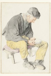 座って読書をしている男性、右向き 本を持って座っている男性が右を向いている 作： Cornelis Dusart