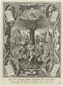 若者が 2 人の悪魔によって木に鎖でつながれている 作： Cornelis Galle (I)