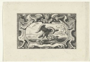 ペリカンが自分の血を子供に与えているビネット 作： Cornelis Galle (II) (attributed to)