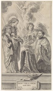 未知の聖人 (ロヨラのイグナチオ?) がマリアと子供の前に跪く 作： Cornelis Galle (II)