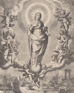 雲の上に立ち、シンボルを持った天使に囲まれた栄光の聖母...、1595-1633。 作： Cornelis Galle I