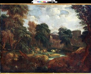 「川の近くに牛の群れがいる夏のフランダースの谷」コンスタンティヌス・コルネリス・ホイスマンス（1648-1727）による絵画ミハイル・クロシツキー美術館、セヴァストポリ（セヴァストポリ）ウクライナ